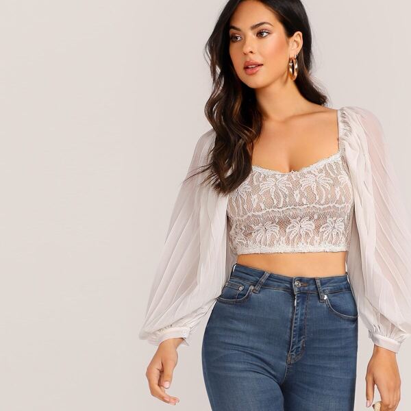 

Pleated Lantern Sleeve Lace Crop Top