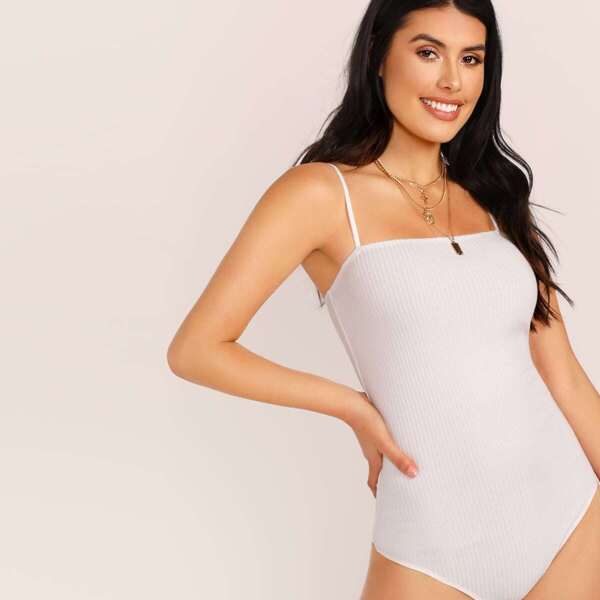 

Solid Rib-knit Cami Bodysuit, White