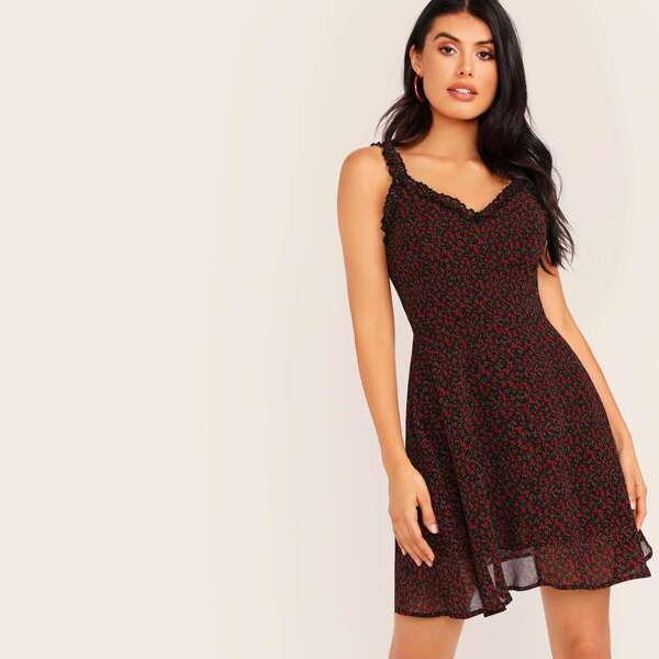

Ditsy Floral Print Frill Trim Slip Dress, Multicolor