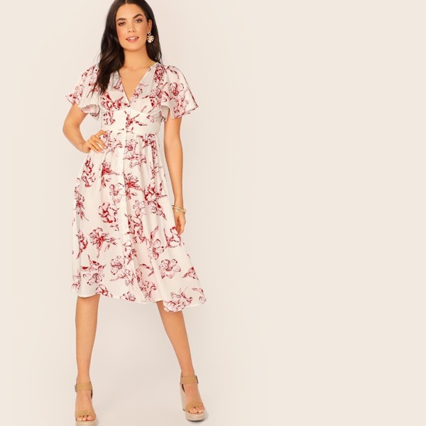 

Floral Print Button Front Flutter Sleeve Tea Dress, White