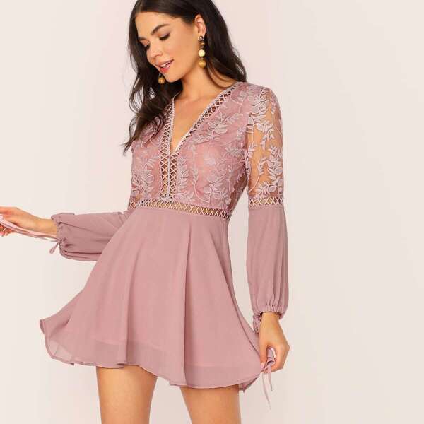 

Lace Insert Embroidered Mesh Bodice Drawstring Cuff Dress, Pink