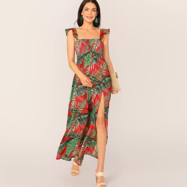 

Shirred Bodice High Split Tropical Dress With Ruffle Strap, Multicolor