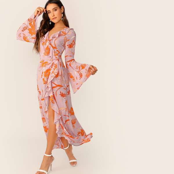 

Ruffle Trim Knot Side Botanical Print Wrap Dress, Multicolor