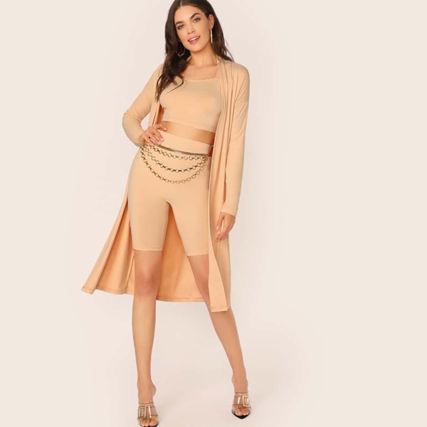 

Open Front Coat & Cycling Shorts With Tank, Beige pastel