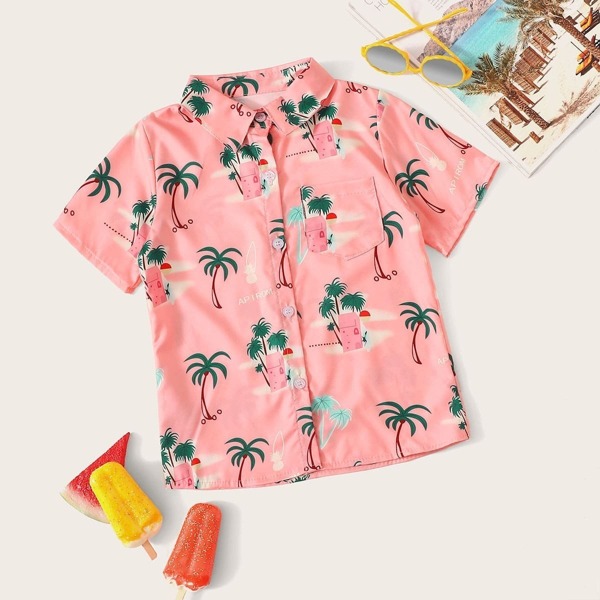 

Toddler Boys Tropical Print Pocket Shirt, Pink