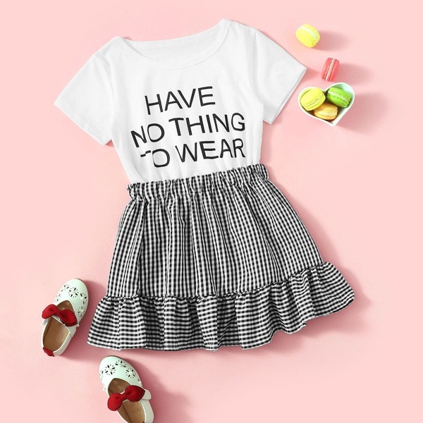

Toddler Girls Slogan Print Tee With Gingham Ruffle Hem Skirt