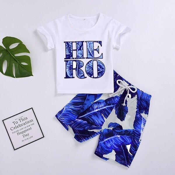 

Toddler Boys Letter Print Tee & Drawstring Waist Tropical Print Shorts