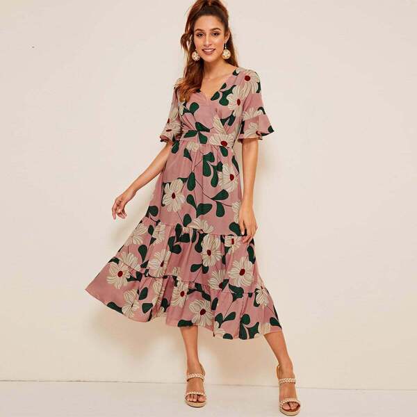 

Surplice Large Floral Print Ruffle Hem Dress, Pink