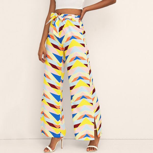 

Geo Print Slit Hem Belted Pants