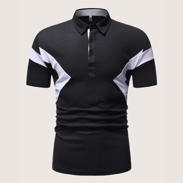 

Men Button Contrast Panel Polo Shirt, Black and white