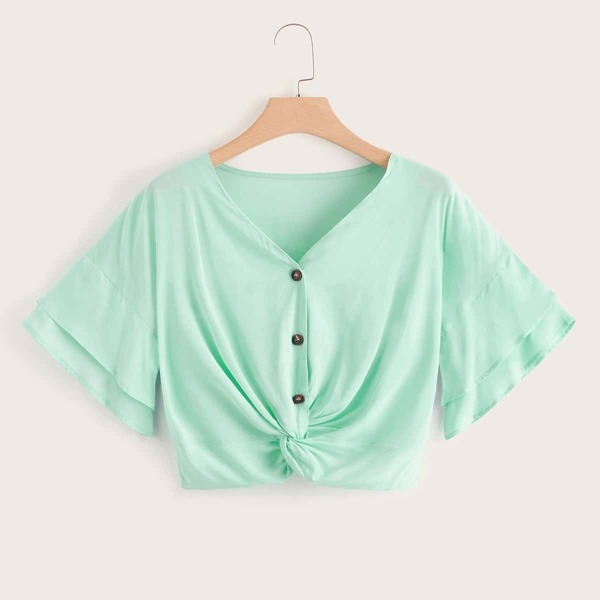 

Plus Twist Button Front Flounce Sleeve Blouse, Green