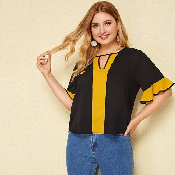 

Plus Contrast Panel Flounce Sleeve Blouse