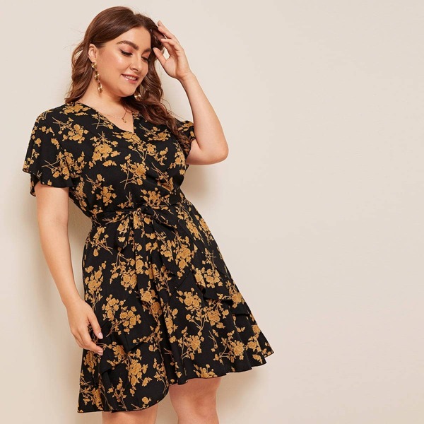 

Plus Ditsy Floral Ruffle Hem Belted Dress, Multicolor