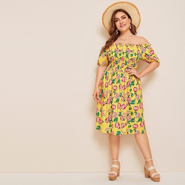 

Plus Allover Fruit Print Shirred Bardot Dress, Multicolor