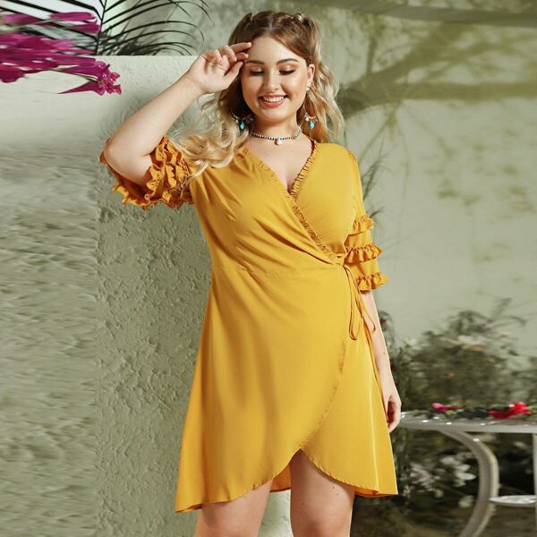 

Plus Frill Trim Knot Side Wrap Dress