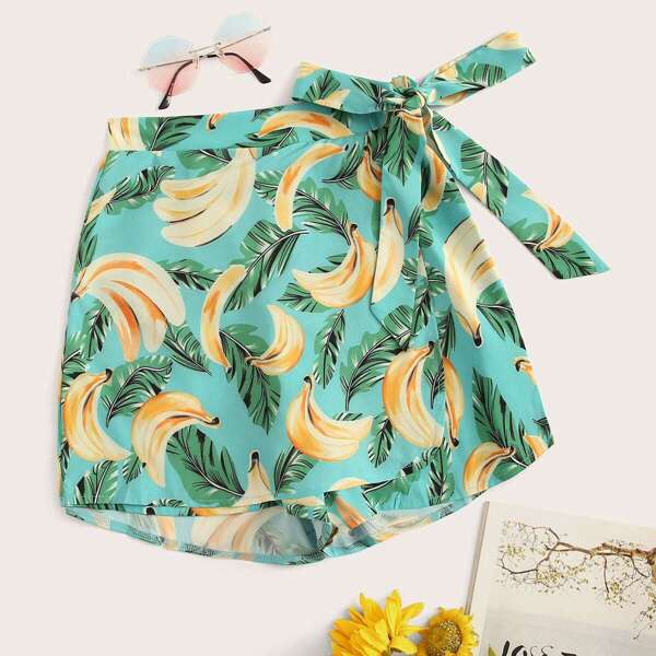 

Plus Banana Print Knot Side Culotte Shorts, Blue
