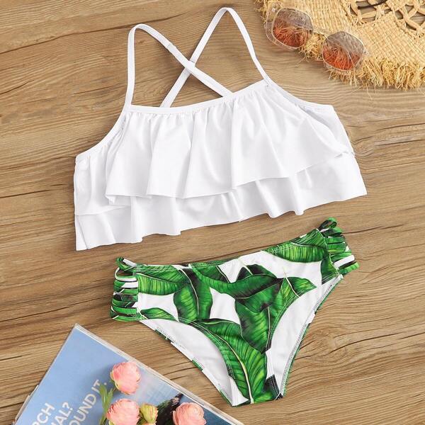 

Tiered Layer Criss-cross Top With Tropical Bikini Set