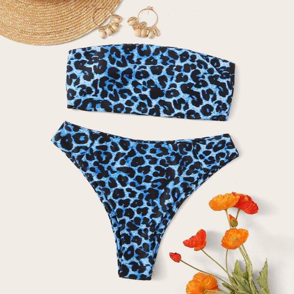 

Leopard Print Bandeau With High Leg Bikini Set, Blue