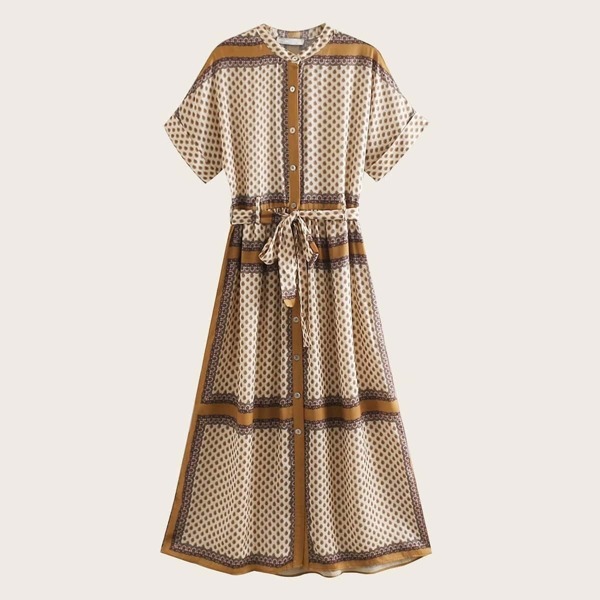 

Tribal Print Rolled Cuff Belted Shirt Dress