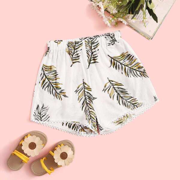 

Toddler Girls Jungle Leaf Print Lace Hem Shorts, White