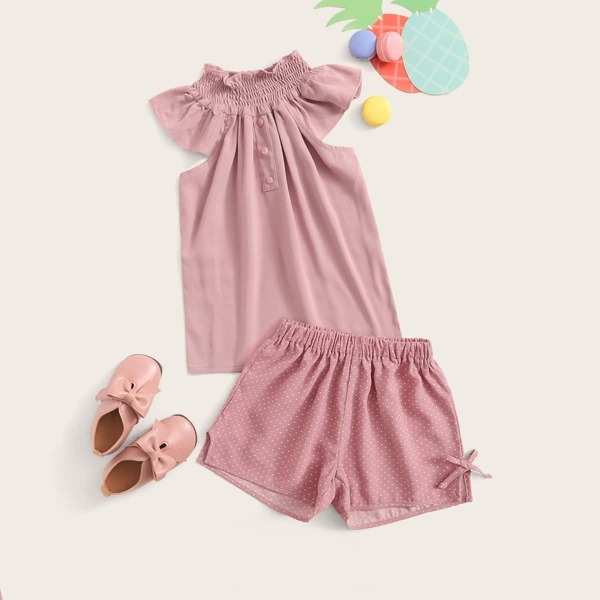

Toddler Girls Shirred Neckline Top & Dot Print Shorts Set, Pink pastel