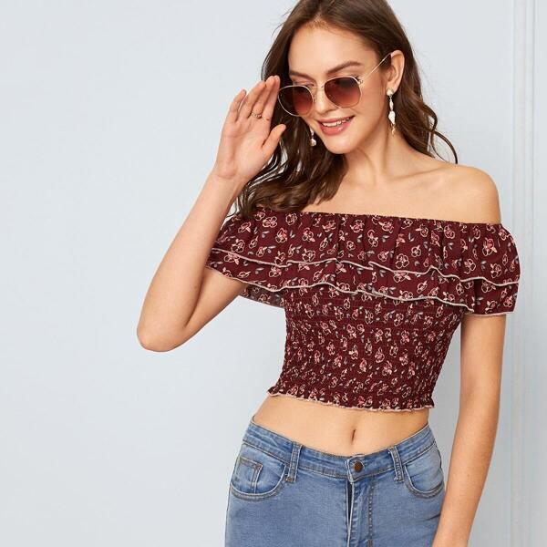 

Ditsy Floral Foldover Bardot Shirred Crop Top