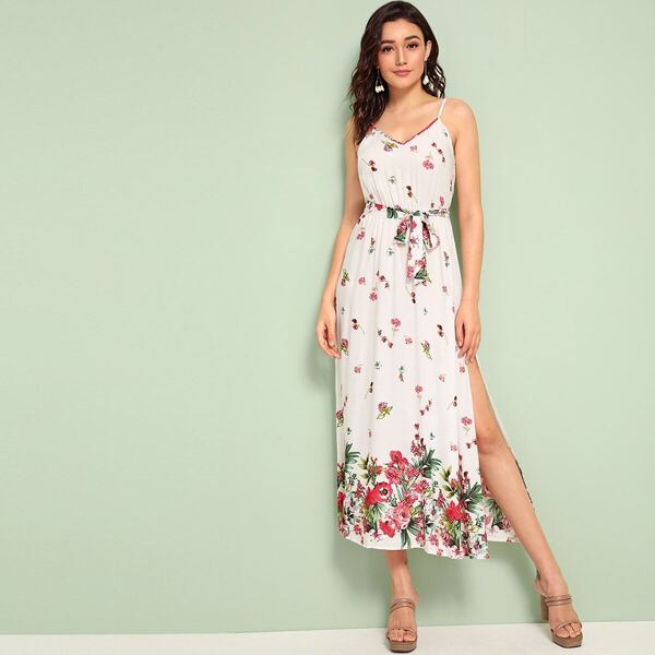 

Flower Print Split Thigh Belted Slip Dress