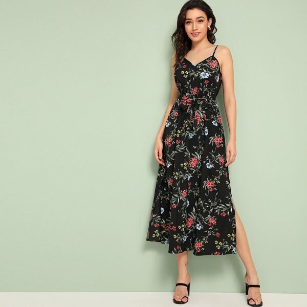 

Floral Print Split Thigh Belted Slip Dress