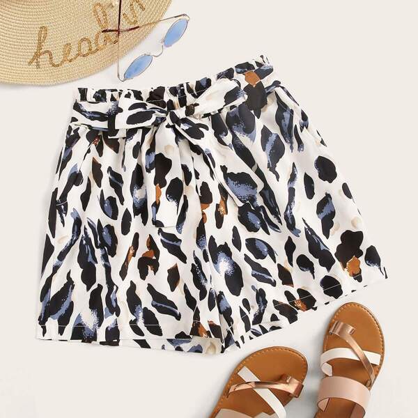 

Paperbag Waist Leopard Print Belted Shorts, Multicolor