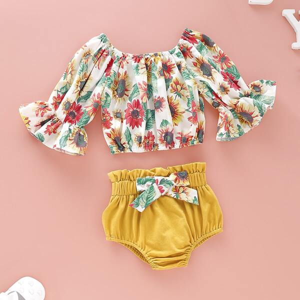 

Baby Girl Floral Print Blouse & Bow Front Shorts, Multicolor