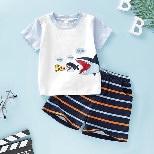 

Toddler Boys Cartoon And Letter Print Tee & Striped Shorts