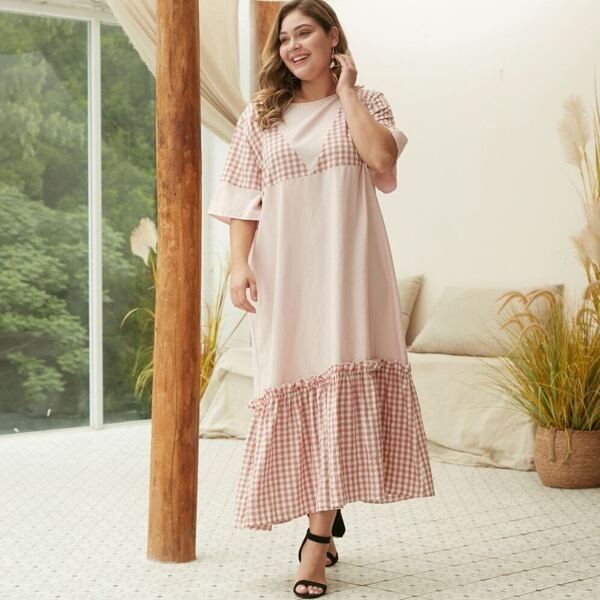 

Plus Contrast Gingham Frill Dress, Pink