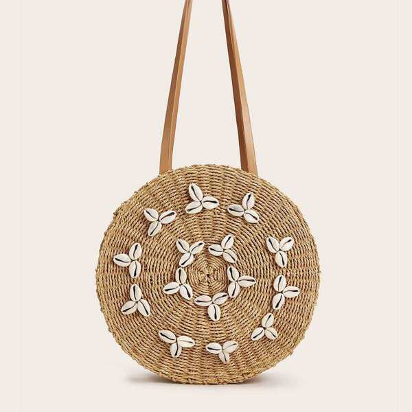 

Shell Decor Round Shaped Woven Bag, Khaki
