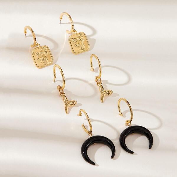

Moon & Square Shaped Hoop Drop Earrings 1pair