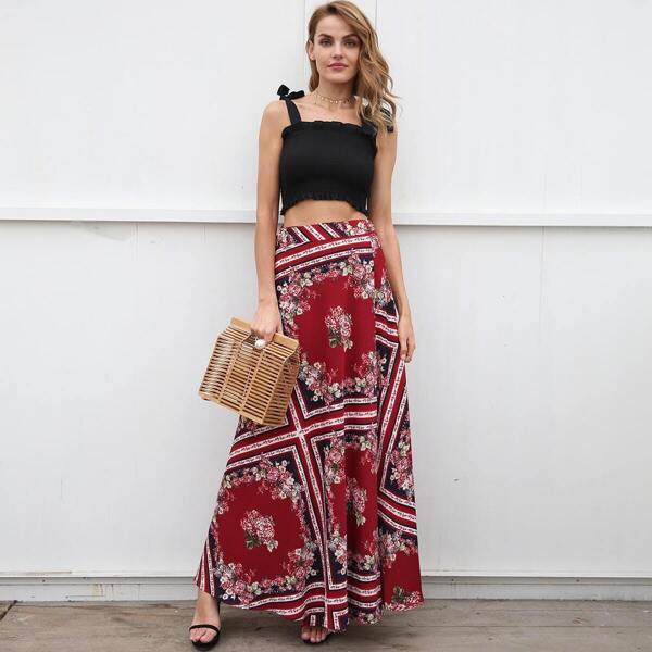 

Simplee Floral Scarf Print Split Thigh Maxi Skirt, Burgundy
