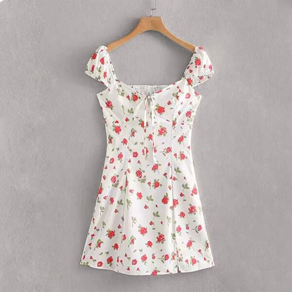 

Ditsy Floral Knot Shirred Dress, White