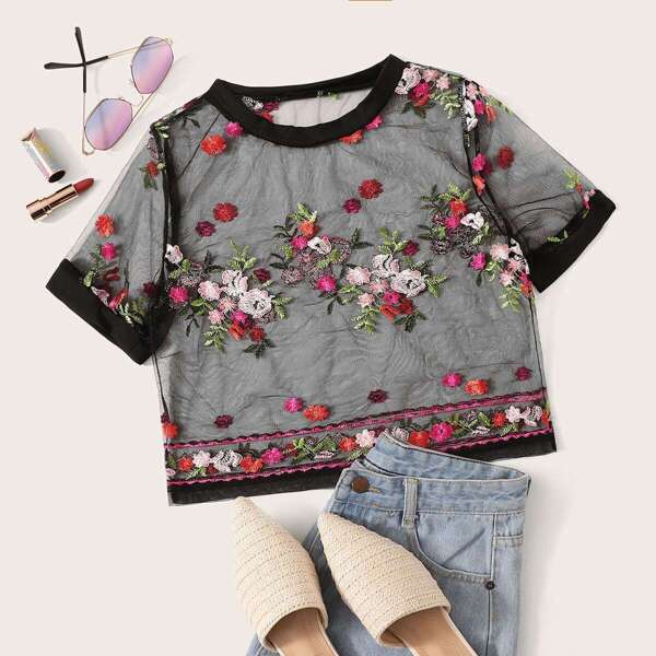 

Floral Embroidered Sheer Tee