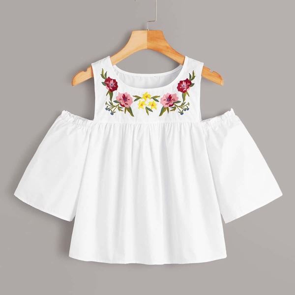 

Open Shoulder Floral Embroidered Frill Blouse