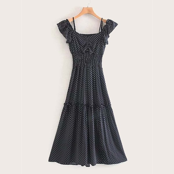 

Polka Dot Shirred Cold Shoulder Dress