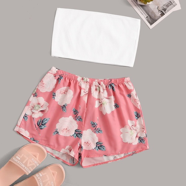 

Rib-knit Bandeau With Floral Shorts PJ Set