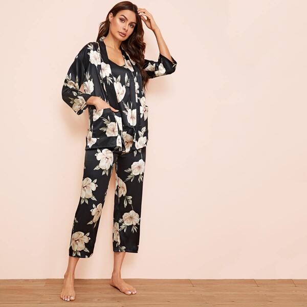 

Floral Print Satin Cami Pajama Set With Robe