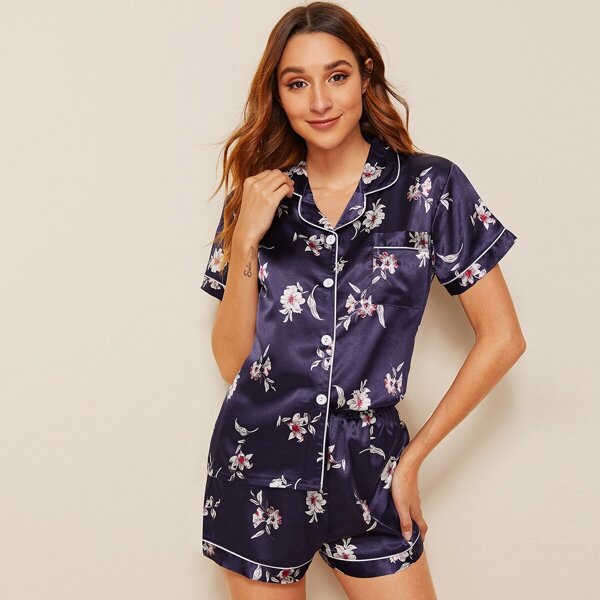 

Floral Print Satin Pajama Set