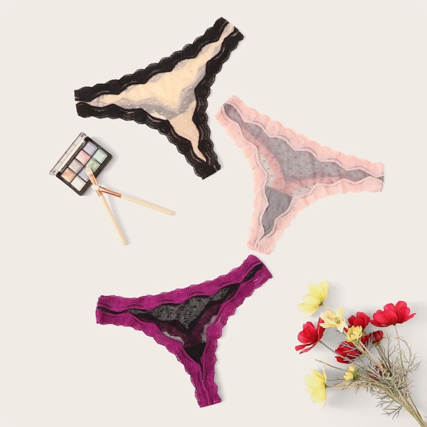 

Contrast Mesh Lace Trim Panty Set 3pack