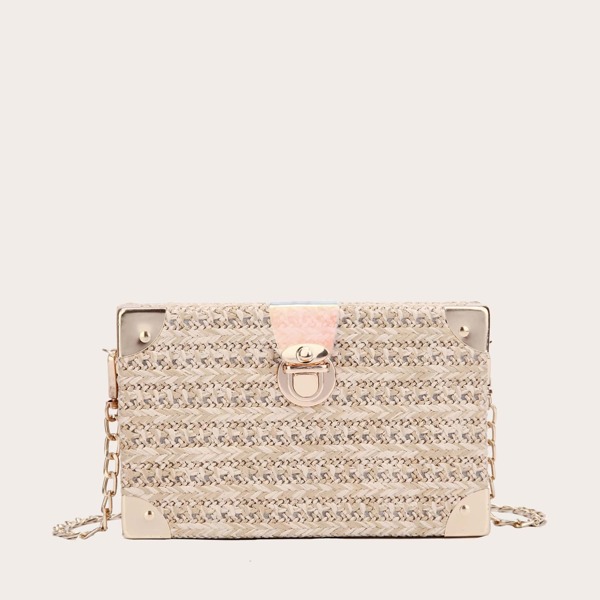 

Push Lock Structured Woven Chain Bag, Beige