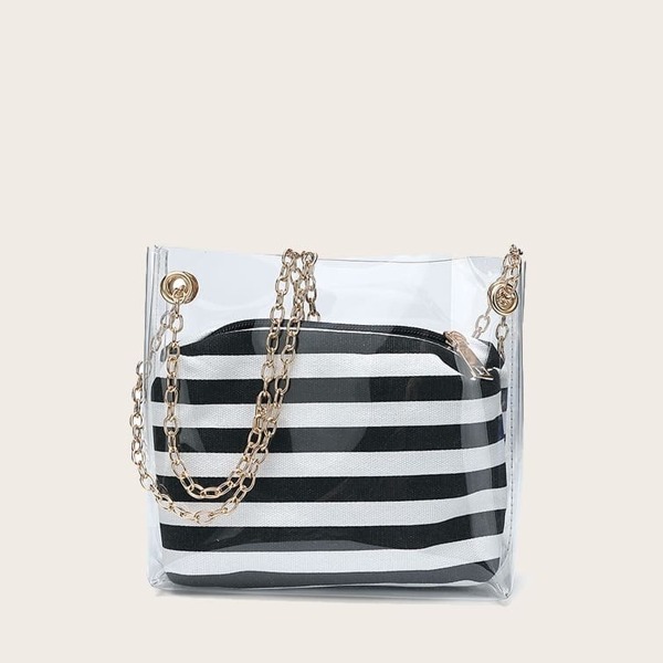 

Clear Chain Tote Bag With Striped Inner Pouch