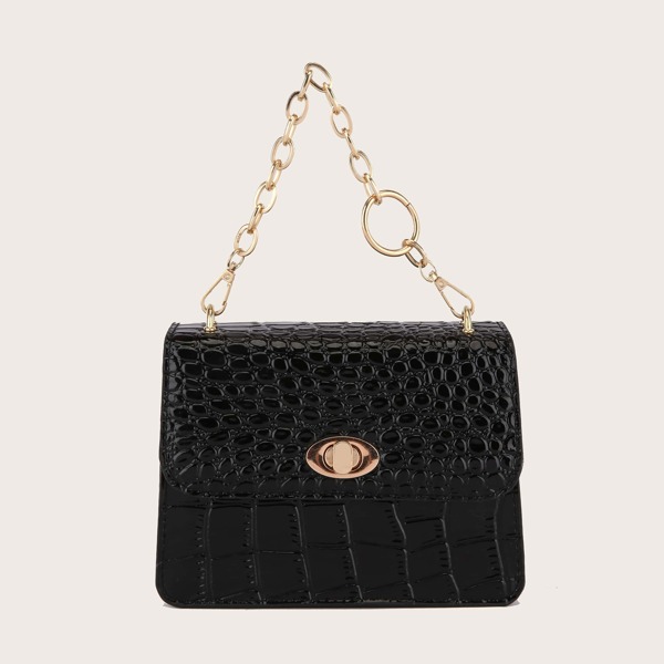 

Random Croc Embossed Twist Lock Chain Bag, Black