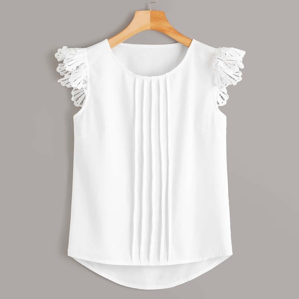 

Solid Contrast Lace Blouse, White