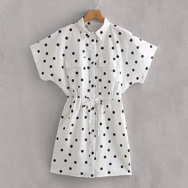 

Polka Dot Drawstring Waist Shirt Dress