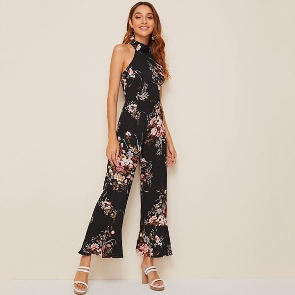 

Floral Print Flared Leg Halter Jumpsuit