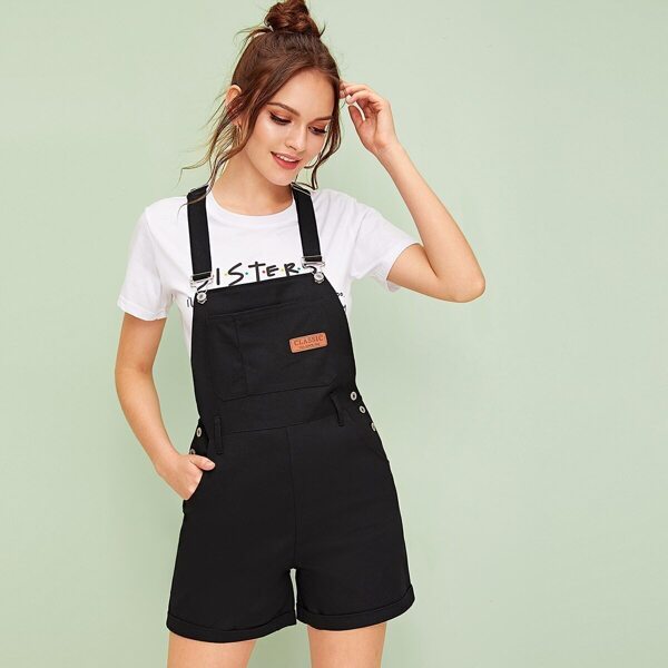 

Letter Patched Slant Pockets Denim Overalls
